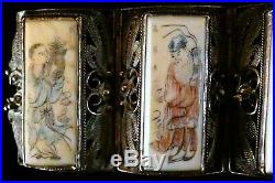 Antique 1930s Chinese Silver Bone Filigree Bracelet 8 Immortals Taoism Orig Box