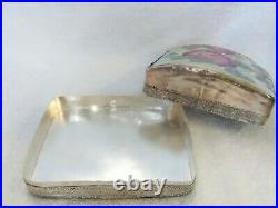 Antique 19c Chinese Silver Trinket Box withold porcelain shard inlaid