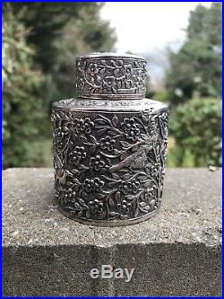 Antique 19th C Chinese Japanese Solid Silver Tea Caddy Box Carved Birds Flowers