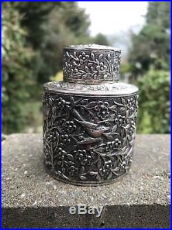 Antique 19th C Chinese Japanese Solid Silver Tea Caddy Box Carved Birds Flowers