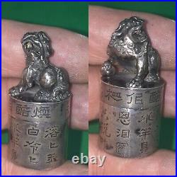 Antique 19th C Chinese Solid Silver Calligraphy Seal Pill Box With Lion Foo Dog