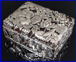 Antique 19th C. Japanese Chinese Sterling Silver & Rosewood Floral Decorated Box