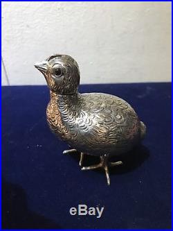 Antique 19th C Solid Silver Snuff Box Bottle As Chinese Quail Bird & 2 Ruby Eyes