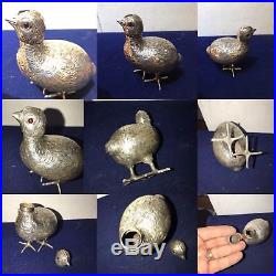 Antique 19th C Solid Silver Snuff Box Bottle As Chinese Quail Bird & 2 Ruby Eyes