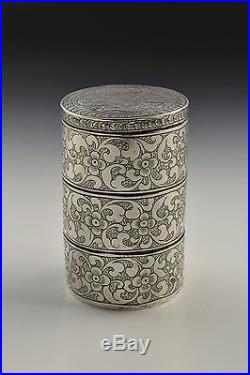 Antique 19th Century Chinese Export Silver Stack Box with Dragon & Flowers