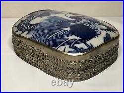 Antique 19th Century Chinese Silver Box with Porcelain Shard Dragon Inlaid 582g