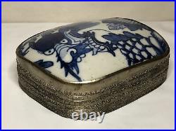 Antique 19th Century Chinese Silver Box with Porcelain Shard Dragon Inlaid 582g