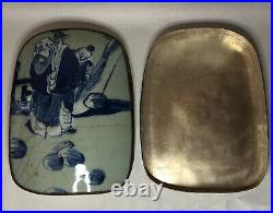 Antique 19th Century Chinese Silver Box with Porcelain Shard Elderly Couple 854g