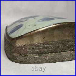 Antique 19th Century Chinese Silver Box with Porcelain Shard Elderly Couple 854g