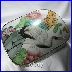 Antique 19th Century Chinese Silver Box with porcelain inlaid Crane 386g Beautiful