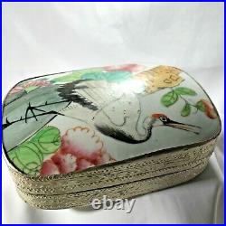 Antique 19th Century Chinese Silver Box with porcelain inlaid Crane 386g Beautiful