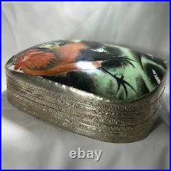 Antique 19th Century Chinese Silver Box with porcelain shard Rooster inlaid 486g