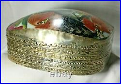 Antique 19th Century Chinese Silver Box with porcelain shard Rooster inlaid 486g