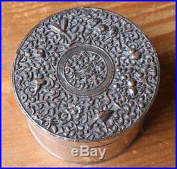 Antique 19th Century Chinese Silver Copper Round Trinket Box Flower Poppy Design