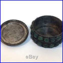 Antique 19th Century Chinese Silver Covered Box With Hard stone & Turquoise Bezel