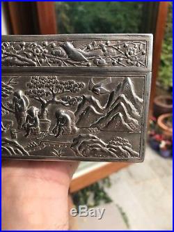 Antique 19th Century Chinese Solid Silver Massive Rare Box 1405 Grams