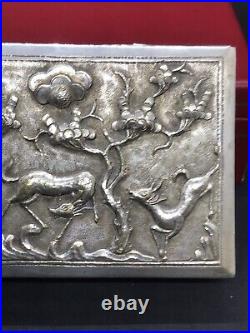Antique 19thC Carved Deer & Trees Chinese Sterling Solid Silver Table Snuff Box
