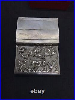 Antique 19thC Carved Deer & Trees Chinese Sterling Solid Silver Table Snuff Box
