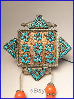 Antique 19thC Chinese Sino-Tibetan Silver Gilt Turquoise Amulet Pendant Gau Box