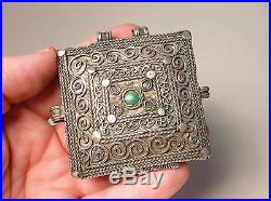 Antique 19thC Chinese Sino-Tibetan Silver Green Gem Amulet Pendant Gau Box