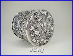 Antique 19thC Chinese Sterling Silver Chrysanthemums Round Box