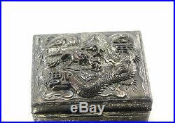 Antique Asian Chinese Dragon Silver Tone Metal & Wood Hinged Box Nice Decoration