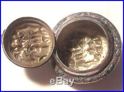 Antique Asian Chinese Painted Enamel Scene On Silver Hinged Snuff Box / Pot
