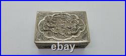 Antique Beautiful Chinese Export Solid Silver Box & Lid, Dragons & Flowers Scene