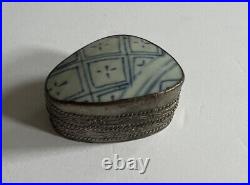 Antique Blue White Chinese Porcelain Shard Trinket Silver Box