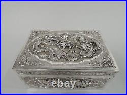 Antique Box Blossoming Branches Bamboo Dragons Asian Export Vietnamese Silver