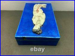 Antique Box Chinese Bone Lady Translucent Blue Enamel Silvered Copper Hinged