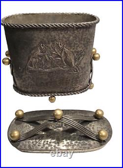 Antique Box Heavy Silver Metal Monkey Images Embossed Relief Centerpiece VTG