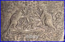 Antique Box Heavy Silver Metal Monkey Images Embossed Relief Centerpiece VTG