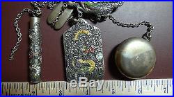 Antique CHATELAINE Silver Oriental Japanese Chinese Hallmarks withBox Unique