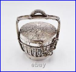 Antique CHINESE / ASIAN SOLID SILVER FISHING CREEL PILL BOX c1900