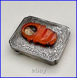 Antique CHINESE SNUFF BOX Yin & Yang Box Ornate Silver, Carnelian (5I9)