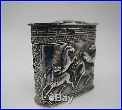 Antique China / Chinese Signed Export Silver Opium Box With Horses