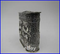 Antique China / Chinese Signed Export Silver Opium Box With Horses