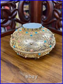 Antique China Gild Silver Box Jade Bee Mount Coral Turquoise Bead Enamel Scrolls