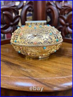 Antique China Gild Silver Box Jade Bee Mount Coral Turquoise Bead Enamel Scrolls