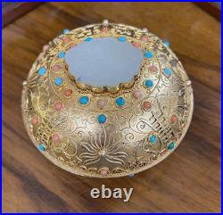 Antique China Gild Silver Box Jade Bee Mount Coral Turquoise Bead Enamel Scrolls