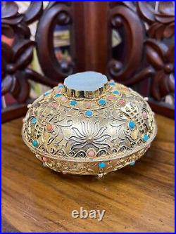 Antique China Gild Silver Box Jade Bee Mount Coral Turquoise Bead Enamel Scrolls