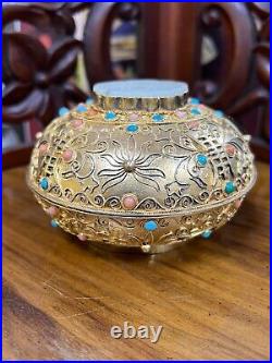 Antique China Gild Silver Box Jade Bee Mount Coral Turquoise Bead Enamel Scrolls