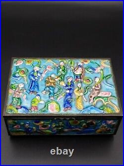 Antique China Relief Enamel Cloisonne Trinket Silver Plate Box