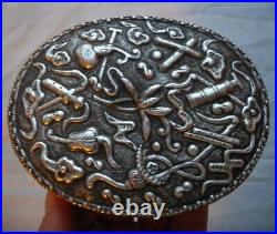 Antique China Silver Plate Eastern Asian MIRROR BOX Chinese Sword on Chased Lid