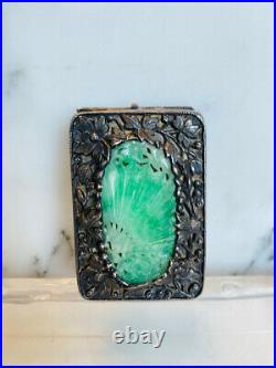 Antique China, hallmarked sterling silver repousse & hand carved A jade compact