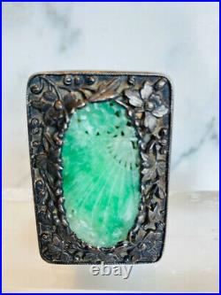 Antique China, hallmarked sterling silver repousse & hand carved A jade compact