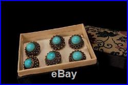 Antique Chinese 6 Blue Turquoise Silver Buttons Original Box D032417003