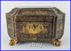 Antique Chinese Black Gilt Silver Gold Lacquered Tea Caddy Sewing Box Bat Feet