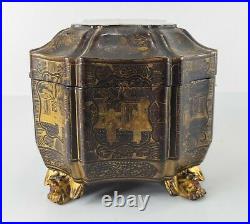 Antique Chinese Black Gilt Silver Gold Lacquered Tea Caddy Sewing Box Bat Feet